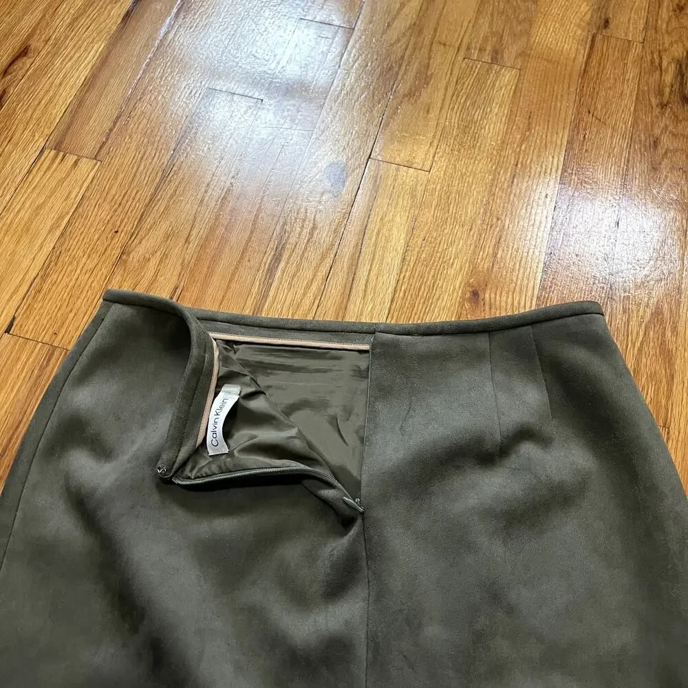 Calvin Klein Army Green Suede Knee Length A Line Skirt Size 8